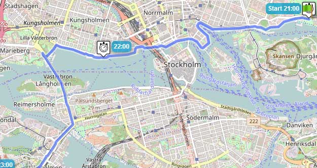 Karta över etapp 1, vägen ut ur Stockholm.