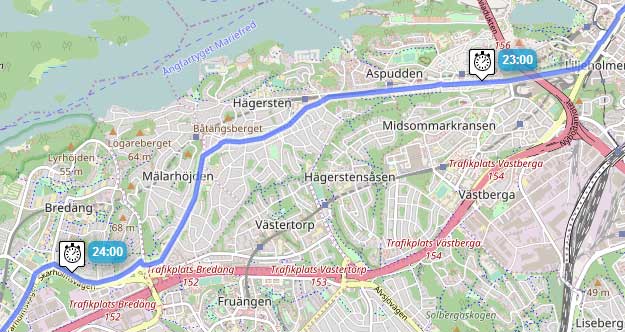 Andra kartan över etapp 1, vägen ut ur Stockholm.