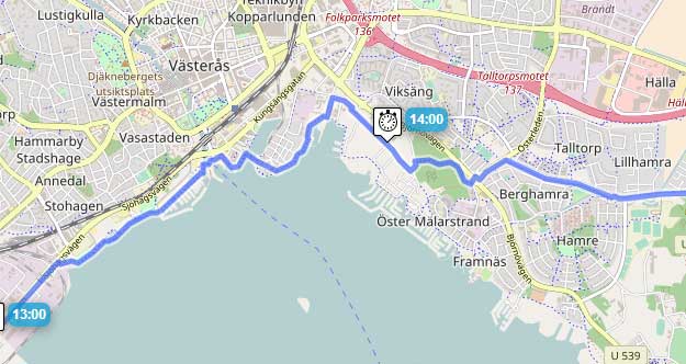 Karta över vägen genom Västerås